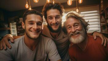 antiguo hombre posando con franqueza con su nietos generativo ai foto