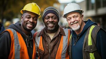 Close-up portrait of a group of smiling workers. Generative AI photo