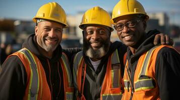 Close-up portrait of a group of smiling workers. Generative AI photo