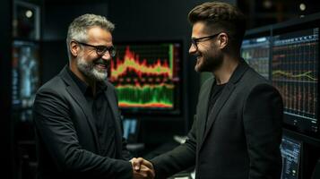 Businessmen shaking hands in front of a screen with a stock market chart. Generative AI photo