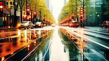 Close-up of city streets after rain. Generative AI photo