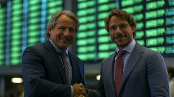 Businessmen shaking hands in front of a screen with a stock market chart. Generative AI photo