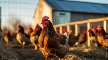 Photo of chickens next to the coop. Generative AI