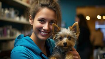 Photo of a female veterinarian hugging a small puppy. Generative AI