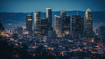 Night photo of skyscrapers rising in the city. Generative AI