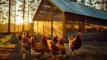 Photo of chickens next to the coop. Generative AI