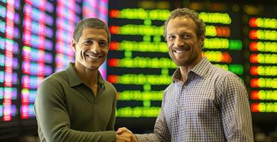 Businessmen shaking hands in front of a screen with a stock market chart. Generative AI photo