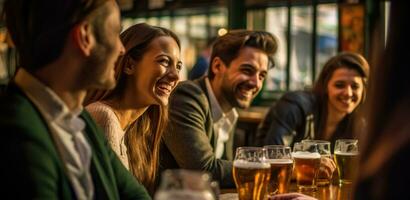 A group of friends drinking beer in a bar. Generative AI photo