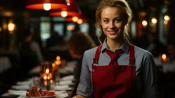 A waitress serving with a tray. Generative AI photo