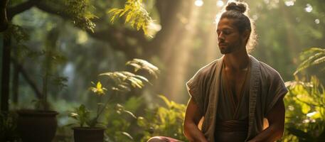 Yogi in a calm meditation pose wearing breathable activewear.. Generative AI photo