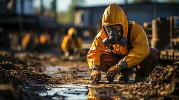 un investigador estudiando el efectos en el ambiente después un nuclear explosión. generativo ai foto