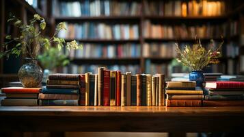 un montón de libros en el mesa en frente de el biblioteca estantes. generativo ai foto