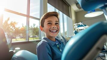 Smiling boy sitting on sofa at dental clinic waiting to be treated Generative ai photo