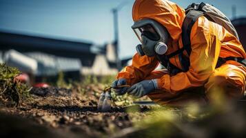 un investigador estudiando el efectos en el ambiente después un nuclear explosión. generativo ai foto