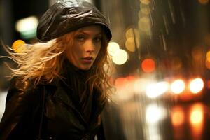 Beautiful woman walking down the street in the evening in rainy weather. Generative AI photo