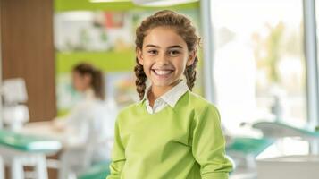 Smiling girl sitting on sofa at dental clinic waiting to be treated Generative ai photo