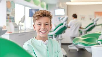 Smiling boy sitting on sofa at dental clinic waiting to be treated Generative ai photo