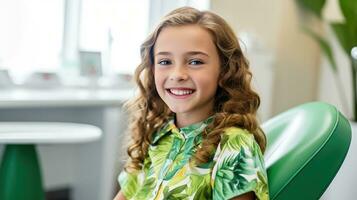 Smiling girl sitting on sofa at dental clinic waiting to be treated Generative ai photo