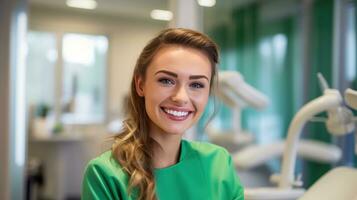 foto de sonriente dentista mujer en dental clínica generativo ai