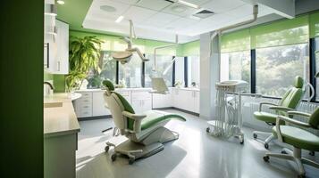 Empty and non-human dental clinic. Generative AI photo