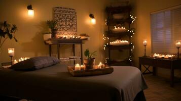 Massage room illuminated with candles. Generative AI photo