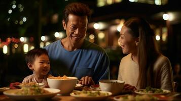 madre, hijo y padre teniendo un familia cena. generativo ai foto