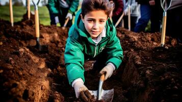 joven activistas plantando arboles en un comunidad jardín.. generativo ai foto