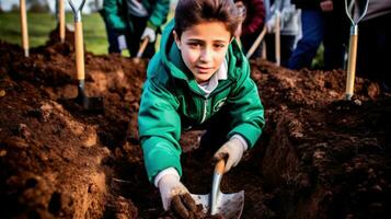 Young activists planting trees in a community garden.. Generative AI photo