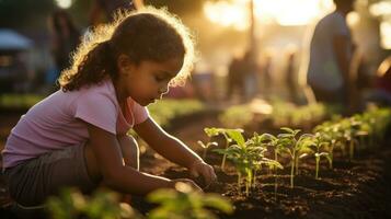 joven activistas plantando arboles en un comunidad jardín.. generativo ai foto