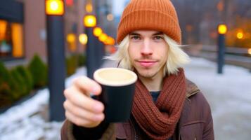 Blonde man holding a coffee cup. Generative AI photo