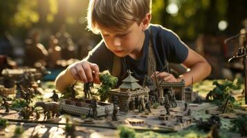 Young boy playing with a toys on a table.. Generative AI photo