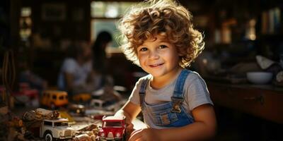 Young boy playing with a toys on a table.. Generative AI photo