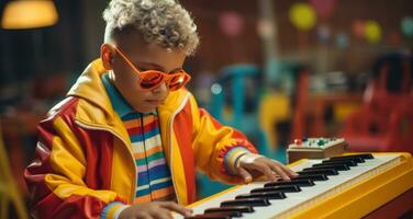 joven chico jugando un juguete piano con entusiasmo.. generativo ai foto