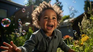 Young boy chasing bubbles in a sunny backyard.. Generative AI photo