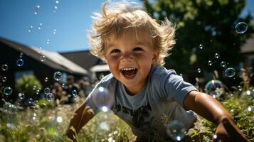 Young boy chasing bubbles in a sunny backyard.. Generative AI photo
