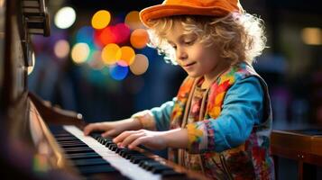 joven chico jugando un juguete piano con entusiasmo.. generativo ai foto