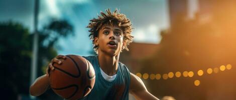 Young boy playing basketball on the street. Generative AI photo