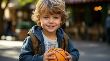 pequeño chico jugando baloncesto. generativo ai foto