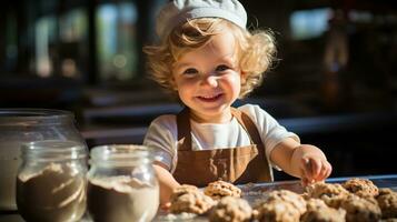 Cute little boy in chef hat playing with dough. Generative AI photo