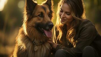 Woman posing happy with her dog in the park on autumn day. Generative AI photo