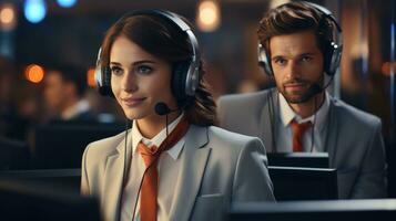 A man and a woman working in a call center. Generative AI photo