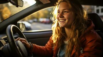 Young girl driving a car. Generative AI photo