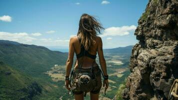 Tattooed young girl watches the mountaineering landscape. Generative AI photo