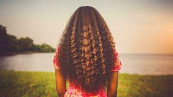 African American woman with curly hair with her back turned. Generative AI photo