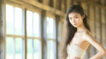 Young beautiful asian woman in a wooden room. Generative AI photo