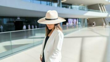 Top shot outside young attractive woman in white hat. Generative AI photo