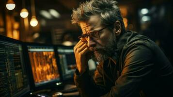 A middle-aged man appearing stressed while working late at night.. Generative AI photo