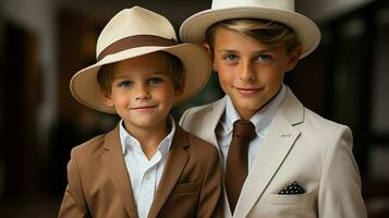 pequeño Niños en trajes y sombreros. generativo ai foto