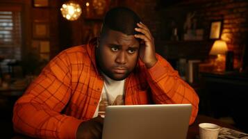 A man looking stressed in front of a laptop, possibly dealing with technical issues.. Generative AI photo