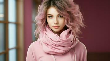 A young woman with wavy pink hair wearing a rose-colored scarf.. Generative AI photo